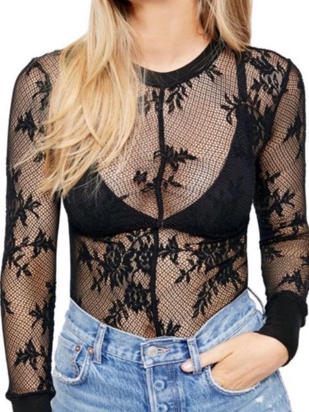 Free People Black Floral Lace Sheer stretchy top Sz.S NWT